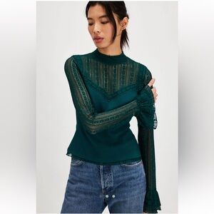 NEW FREEPEOPLE lace long sleeve top size XS rainforest color